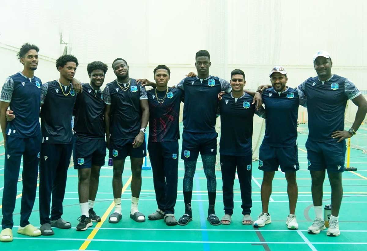 From left to right: Ackeem Auguste, Teddy Bishop, Jordan Johnson, Kirk McKenzie, Jewel Andrew, Kevin Wickham and Matthew Nandu with coaches Ramesh Subasinghe and Rohan Nurse at the Super Kings Academy