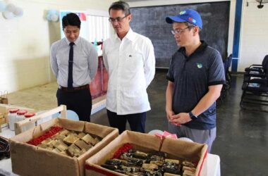 At the graduation ceremony held at Bordelais Correctional Facility on Wednesday, November 27, 2024, H.E. Peter Chia-Yen Chen, Taiwan’s Ambassador to Saint Lucia, centre, Mr. Daniel Lee, Chief of the Taiwan Technical Mission (TTM), at left, and Mr. Hugo Lo, Agriculture Specialist at the Taiwan Technical Mission (TTM), at right, inspect the soaps made by the inmates.