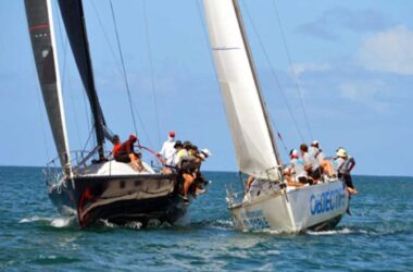 Regatta boats compete inside the Rodney Bay perimeter