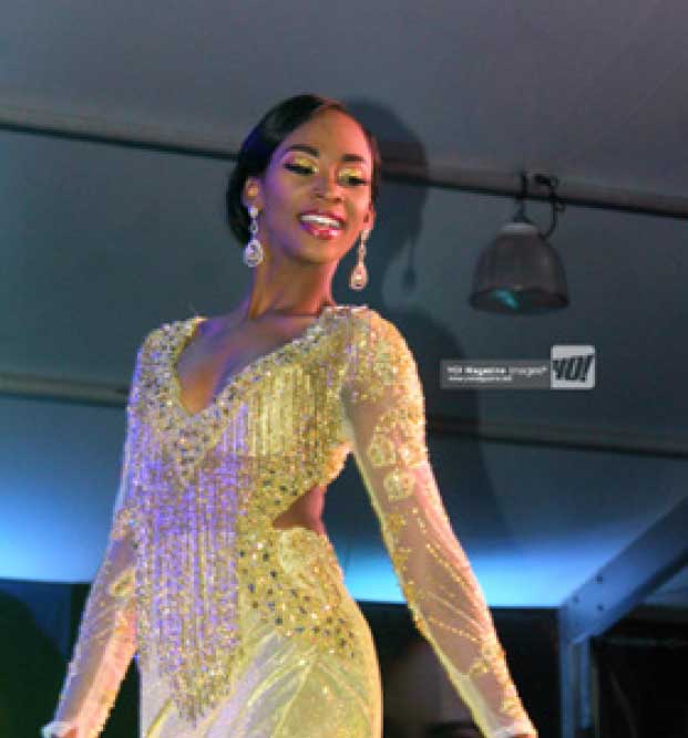 Timiqua Deterville on stage during the evening wear segment at the National Carnival Queen Pageant in 2019