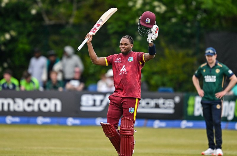 Keacy Carty celebrates his 2nd 100 v Ireland in the 3rd ODI