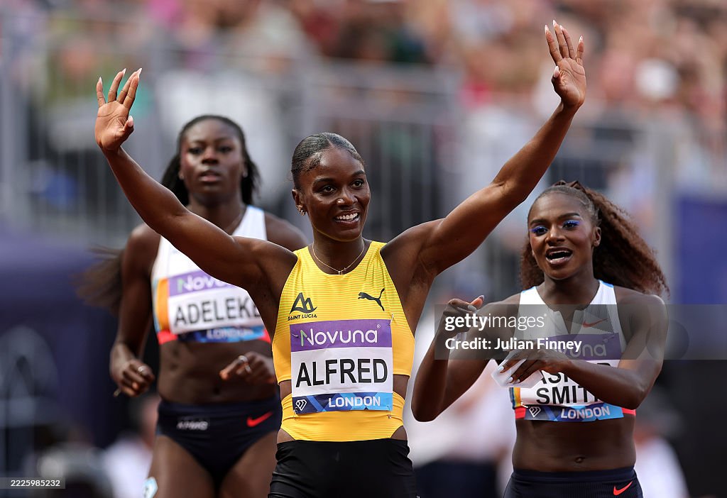 Julien Alfred of Team Saint Lucia reacts after finishing first and setting a new Meet Record in the 200m Women's Final during the Novuna London Athletics Meet, part of the 2025 Diamond League at London Stadium on July 19, 2025 in London, England. (Photo by Julian Finney/Getty Images)