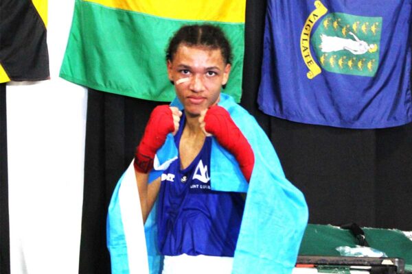 Danny Martin celebrates his Gold Medal -Welterweight victory at the OECS Championships