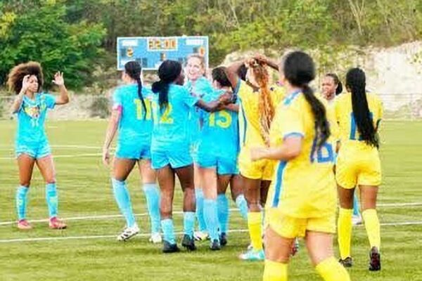 USVI women’s national soccer team celebrates after scoring a goal Thursday against Saint Lucia [Photo credit : Daily News]