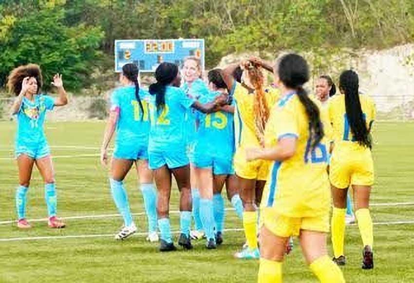 USVI women’s national soccer team celebrates after scoring a goal Thursday against Saint Lucia [Photo credit : Daily News]