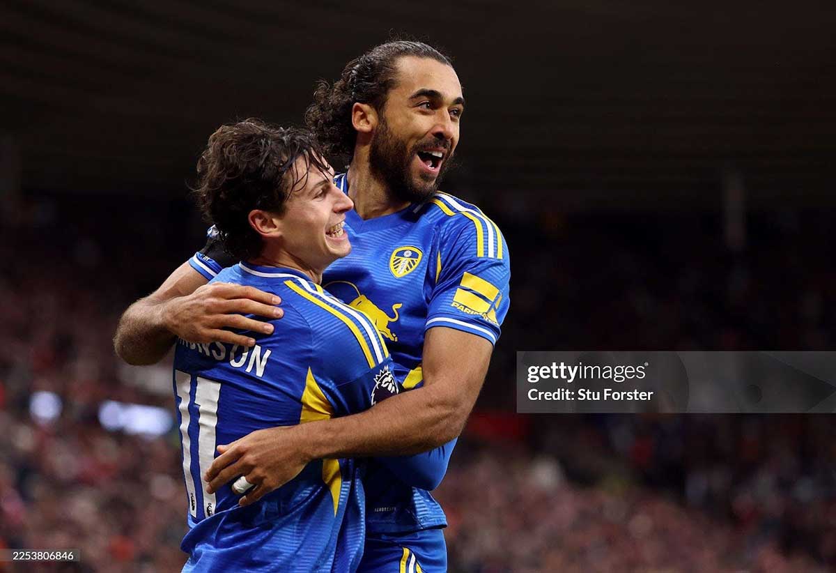 DECEMBER 28: Dominic Calvert-Lewin of Leeds United celebrates scoring his team's second goal with teammate Brenden Aaronson during the Premier League match between Sunderland and Leeds United at Stadium of Light on December 28, 2025 in Sunderland, England. (Photo by Stu Forster/Getty Images)