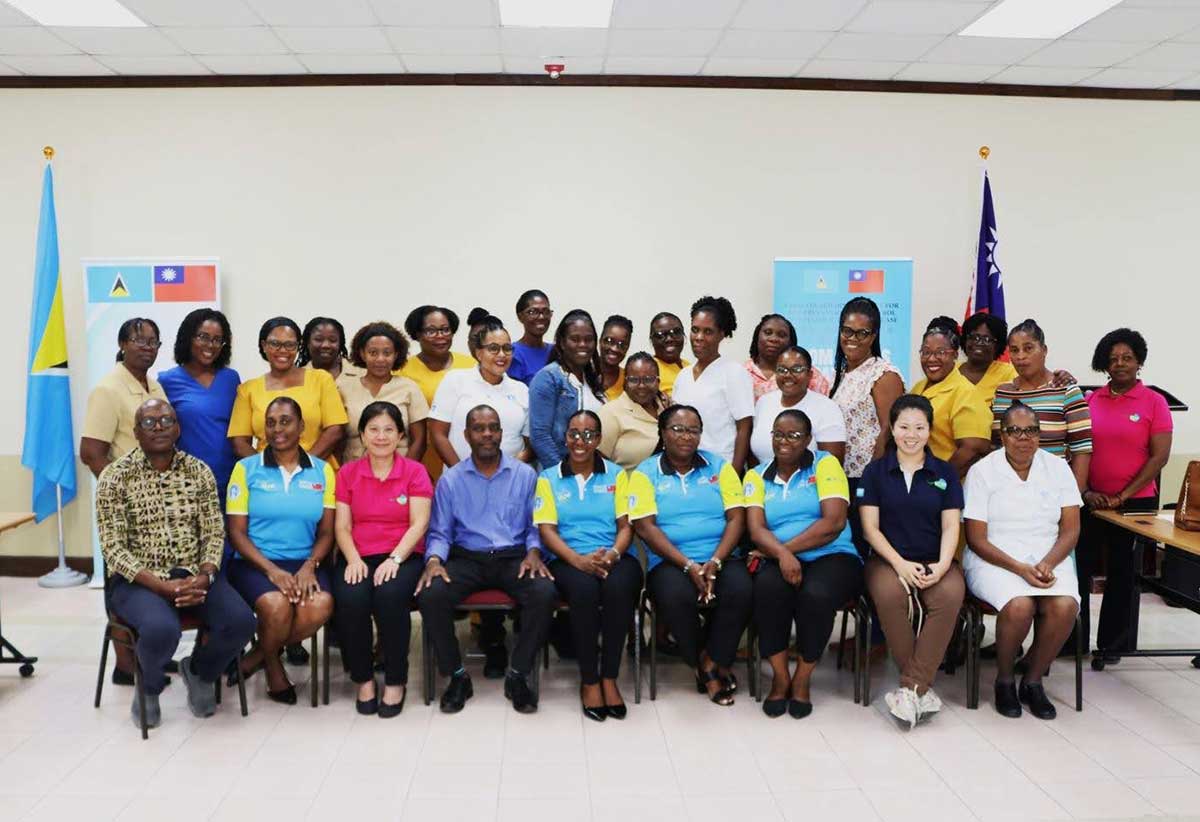 Mr. Ernest Norbal, Deputy Permanent Secretary in the Ministry of Health, Wellness and Elderly Affairs, and Ms. Jessica Wu, Project Manager at the Taiwan Technical Mission (TTM) in Saint Lucia, with the workshop participants and other TTM colleagues at the training workshop on Friday, November 28, 2025, at the Public Service Training Institute in Union.
