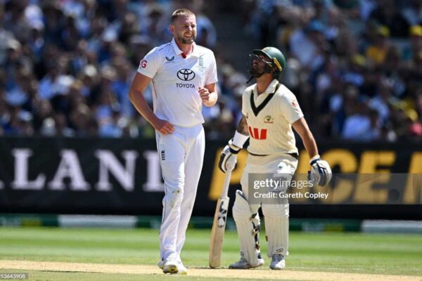 DECEMBER 27: Gus Atkinson of England pulls up with an injury after bowling during day two of the Fourth Test in the 2025/26 Ashes Series between Australia and England at Melbourne Cricket Ground on December 27, 2025 in Melbourne, Australia. (Photo by Gareth Copley/Getty Images)