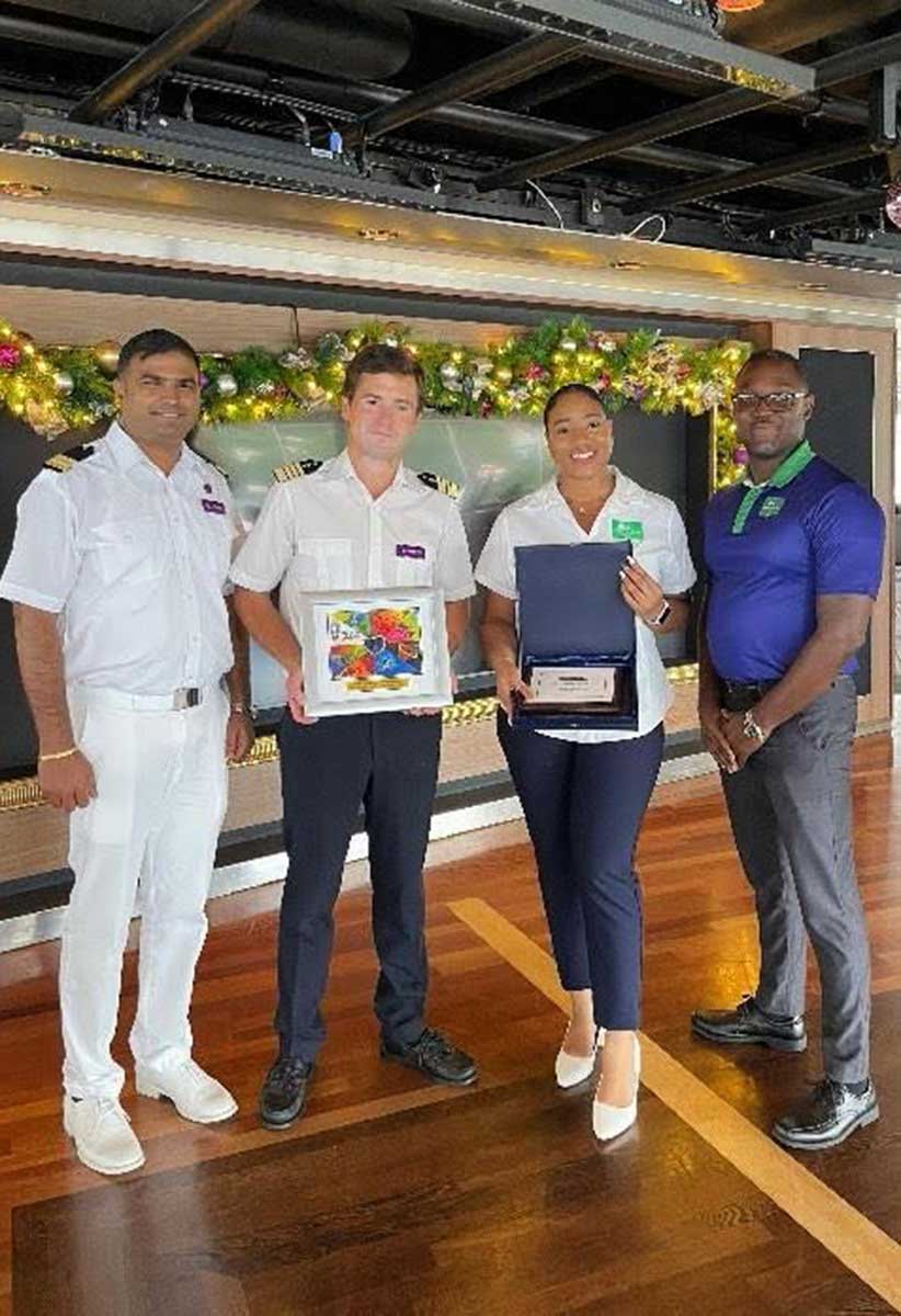 (left to right) Chief Officer and Captain Jouffroy Yan of MV Renaissance with Racquel Preville Marketing andCommunications Manager and Jahkim Daniel, Operations Manager of SLCP on November 16th, 2025.