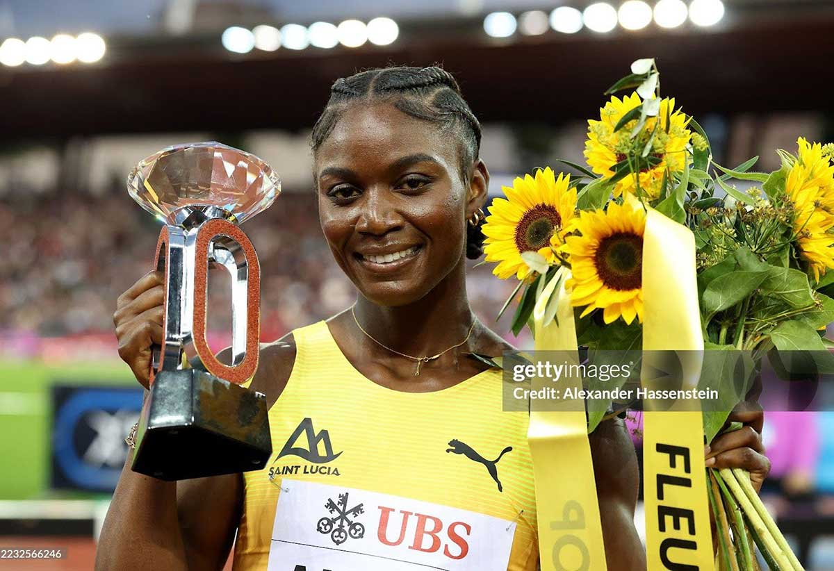 AUGUST 28: Julien Alfred of Team Saint Lucia poses for a photo after winning the Women's 100m Final during the Weltklasse Zurich, part of the 2025 Diamond League at Letzigrund on August 28, 2025 in Zurich, Switzerland. (Photo by Alexander Hassenstein/Getty Images)