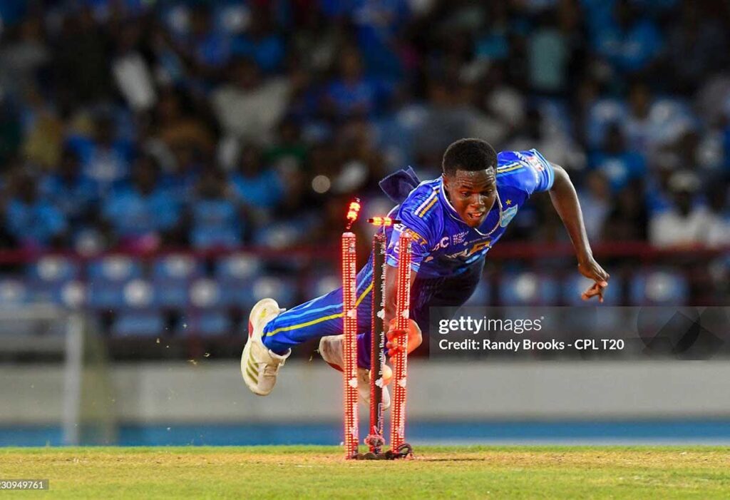 AUGUST 23: Keon Gaston of Saint Lucia Kings hit the stumps to run out Akeal Hosein of Trinbago Knight Riders during the Men's 2025 Republic Bank Caribbean Premier League match 10 between Saint Lucia Kings and Trinbago Knight Riders at Daren Sammy National Cricket Stadium on August 23, 2025 in Gros Islet, Saint Lucia. (Photo by Randy Brooks/CPL T20 via Getty Images)