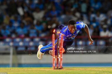 AUGUST 23: Keon Gaston of Saint Lucia Kings hit the stumps to run out Akeal Hosein of Trinbago Knight Riders during the Men's 2025 Republic Bank Caribbean Premier League match 10 between Saint Lucia Kings and Trinbago Knight Riders at Daren Sammy National Cricket Stadium on August 23, 2025 in Gros Islet, Saint Lucia. (Photo by Randy Brooks/CPL T20 via Getty Images)