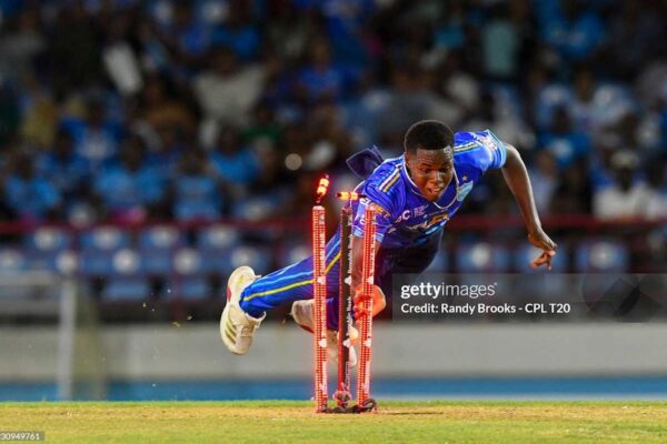 AUGUST 23: Keon Gaston of Saint Lucia Kings hit the stumps to run out Akeal Hosein of Trinbago Knight Riders during the Men's 2025 Republic Bank Caribbean Premier League match 10 between Saint Lucia Kings and Trinbago Knight Riders at Daren Sammy National Cricket Stadium on August 23, 2025 in Gros Islet, Saint Lucia. (Photo by Randy Brooks/CPL T20 via Getty Images)