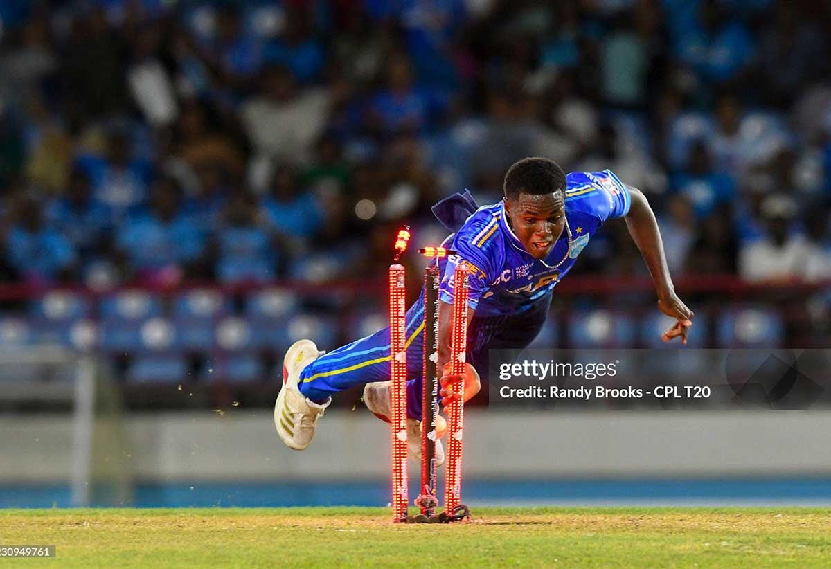 AUGUST 23: Keon Gaston of Saint Lucia Kings hit the stumps to run out Akeal Hosein of Trinbago Knight Riders during the Men's 2025 Republic Bank Caribbean Premier League match 10 between Saint Lucia Kings and Trinbago Knight Riders at Daren Sammy National Cricket Stadium on August 23, 2025 in Gros Islet, Saint Lucia. (Photo by Randy Brooks/CPL T20 via Getty Images)