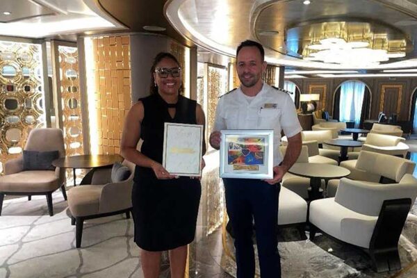 MS Allura on November 23, 2025, (left to right), Racquel Preville, Marketing Manager SLCP and Captain Silic Pavle.