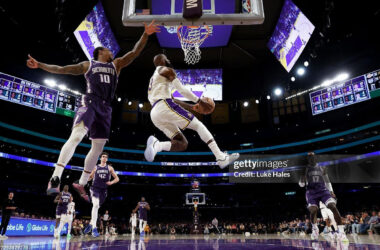 DECEMBER 28: Lebron James #23 of the Los Angeles Lakers dunks the ball against Demar Derozan #10 of the Sacramento Kings during the second quarter at Crypto.com Arena on December 28, 2025 in Los Angeles, California. NOTE TO USER: User expressly acknowledges and agrees that, by downloading and or using this photograph, user is consenting to the terms and conditions of the Getty Images License Agreement. (Photo by Luke Hales/Getty Images)