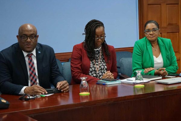 L-R: Minister Shawn Edward, Chief Engineer Mrs. Renata Philogene-KcKie and Permanent Secretary (Ag) Ms. Lorraine Mathew.