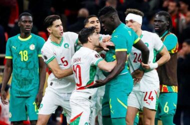 Senegal and Morocco players argue during the AFCON final in Rabat. Getty Images