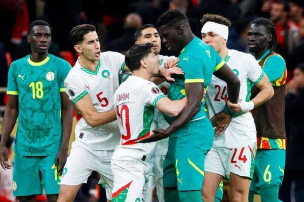 Senegal and Morocco players argue during the AFCON final in Rabat. Getty Images