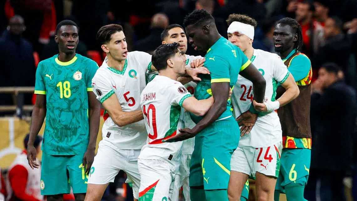 Senegal and Morocco players argue during the AFCON final in Rabat. Getty Images