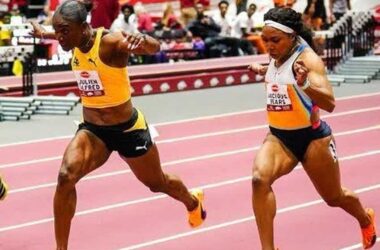 Julien Alfred, left, edges Jacious Spears to win the women’s 60 metres at the Tyson Invitational in Arkansas, USA on Friday [Photo credit: CMC]