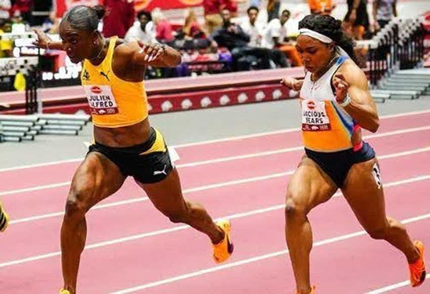 Julien Alfred, left, edges Jacious Spears to win the women’s 60 metres at the Tyson Invitational in Arkansas, USA on Friday [Photo credit: CMC] 