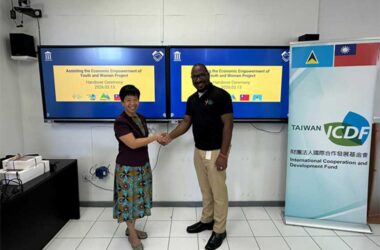 H.E. Nicole Su, Taiwan’s Ambassador to Saint Lucia, with Mr. Kendel Emmanuel, Acting CEO at the Youth Economy Agency (YEA), at the official handover ceremony at the YEA’s head office in Castries.