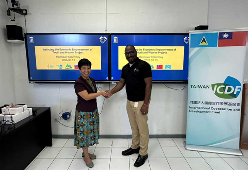 H.E. Nicole Su, Taiwan’s Ambassador to Saint Lucia, with Mr. Kendel Emmanuel, Acting CEO at the Youth Economy Agency (YEA), at the official handover ceremony at the YEA’s head office in Castries.
