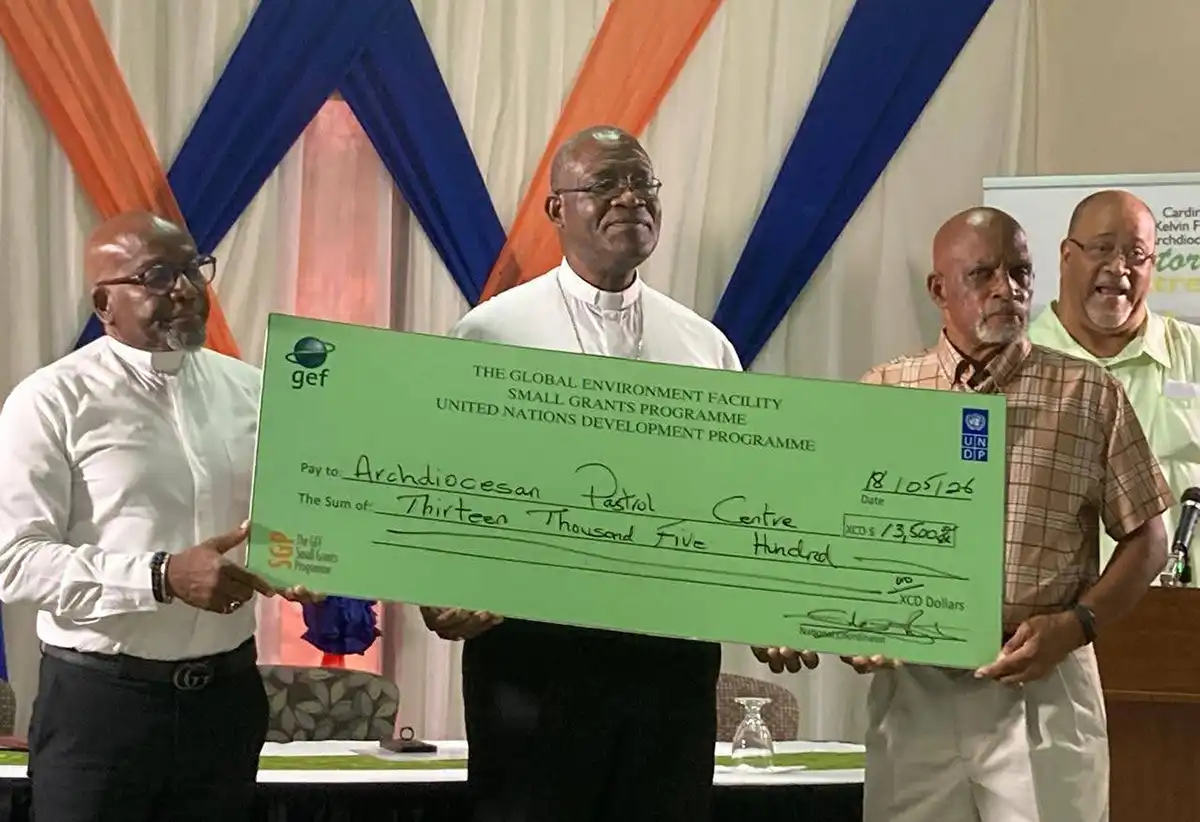 L to R: Rev. David Popo – Director of the ABKFAPC; Archbishop Gabriel Malzaire of the Province of Castries; Mr. Julius James – Chairperson of the GEF SGP UNDP National Steering Committee; and in the back Mr. Giles Romulus - National Coordinator GEF SGP UNDP (Saint Lucia).