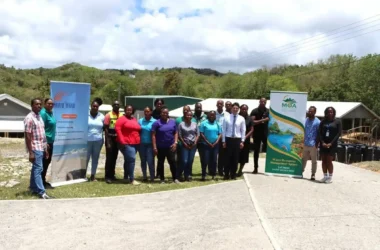 Mr. Daniel Lee, Chief of the Taiwan Technical Mission (TTM) in Saint Lucia, with Mr. Crispin d’Auvergne, Executive Director of the CCMRVH; Ms. Benise Joseph, Deputy Director of the CCMRVH; and other workshop participants at the National Greenhouse Gas Inventory Validation Workshop held at the Volet Agricultural Station in Micoud on Friday, May 22, 2026.