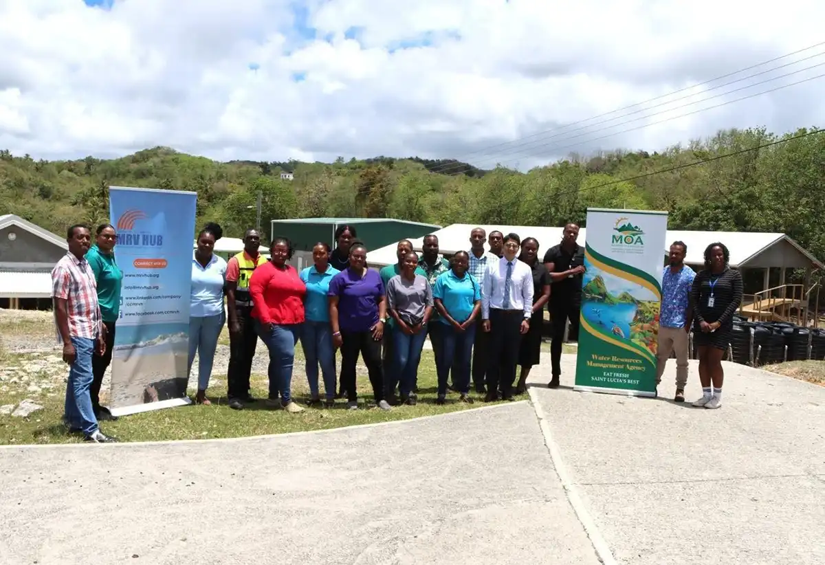 Mr. Daniel Lee, Chief of the Taiwan Technical Mission (TTM) in Saint Lucia, with Mr. Crispin d’Auvergne, Executive Director of the CCMRVH; Ms. Benise Joseph, Deputy Director of the CCMRVH; and other workshop participants at the National Greenhouse Gas Inventory Validation Workshop held at the Volet Agricultural Station in Micoud on Friday, May 22, 2026.