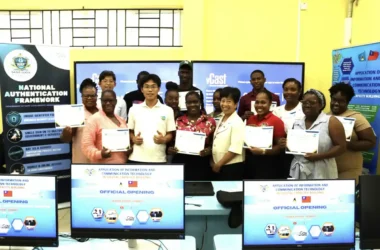 H.E. Nicole Su, Taiwan’s Ambassador to Saint Lucia, with Mr. Ray Wen, Project Manager, (TTM), Mr. Eli Huang, workshop facilitator and participants pose for a group photo at the certificate ceremony that was held on the afternoon of Tuesday, June 23, 2026, at the Grand Riviere Human Resource Centre in Dennery North.
