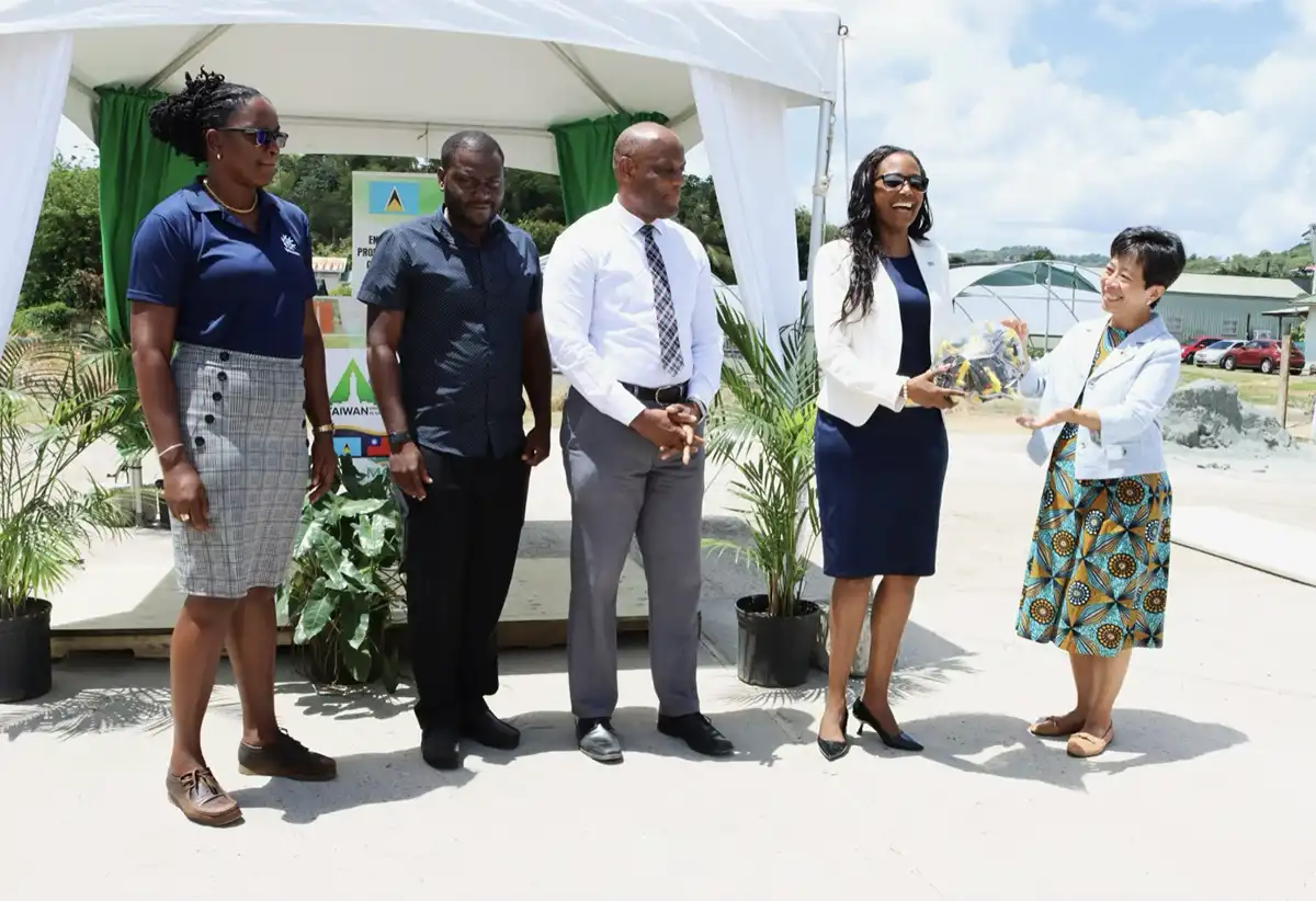H.E. Nicole Su, Taiwan’s Ambassador to Saint Lucia, hands over a batch of sprinkler heads to Hon. Lisa Jawahir