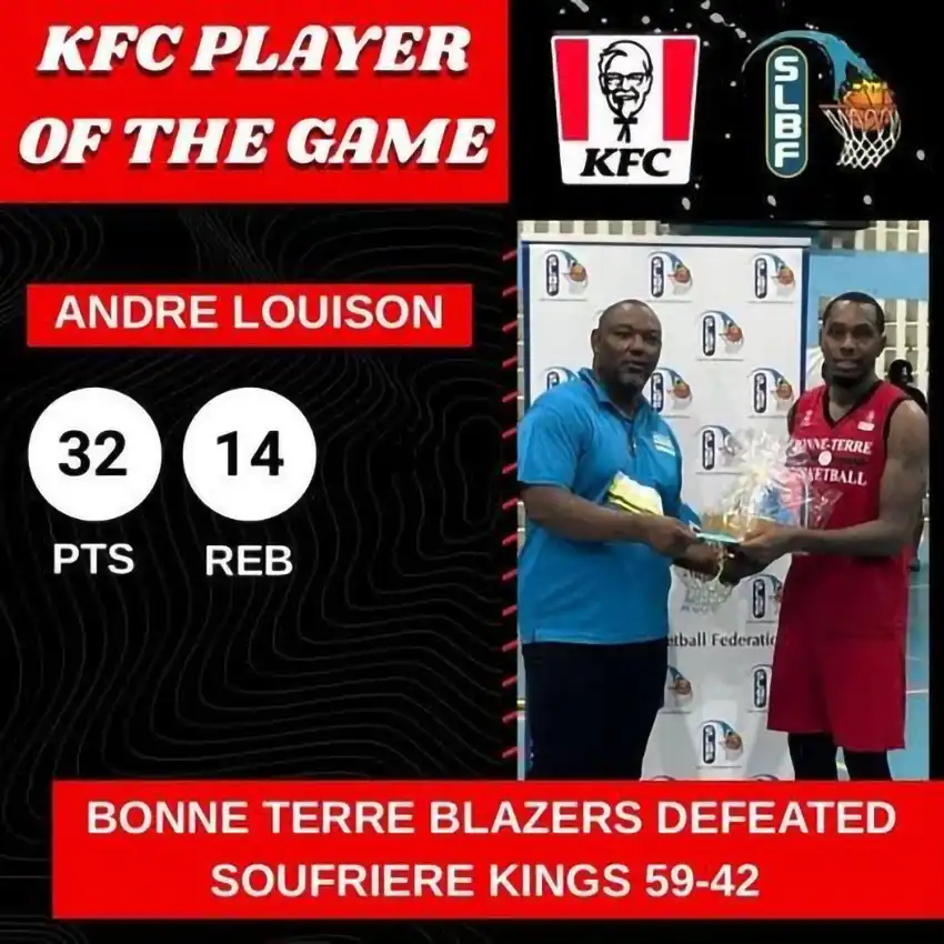 Andre Louison was the KFC Player of the Game in a 59 - 42 Series Win for Bonne Terre Blazers with 32 points and 14 rebs [Photo credit: Basketball League]