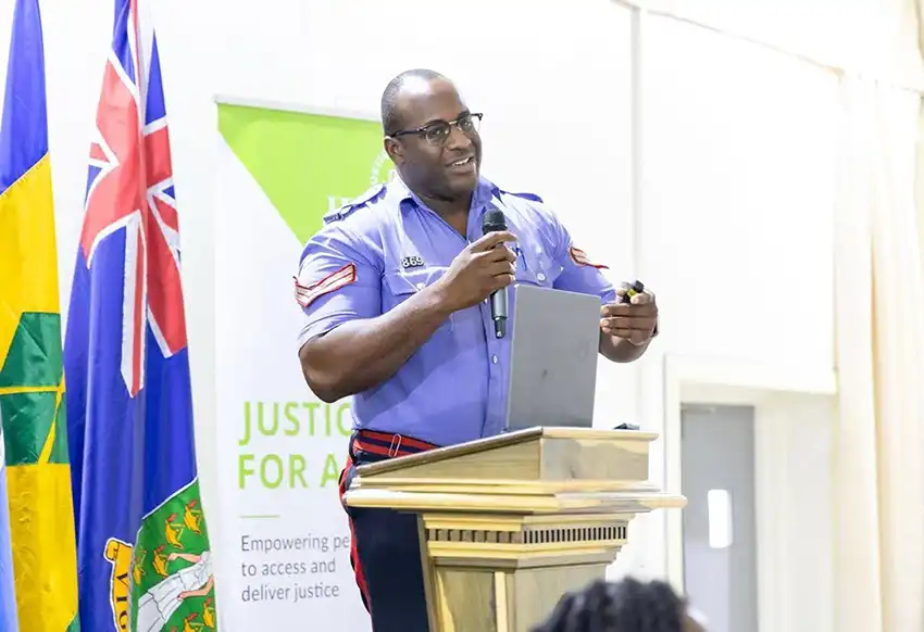 Corporal Michael Readhead of the RGPF presenting on community-based policing and combatting cyberbullying