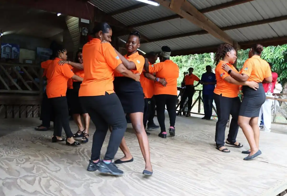 Members of Babonneau Cultural Ambassadors showcasing their newly-acquired dance skills at the certificate ceremony.