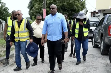 Infrastructure Minister Edward (center) with Choiseul Parliamentarian Keithson Charles and the team from Nationwide Construction Ltd in Chu Tigre, Choiseul.