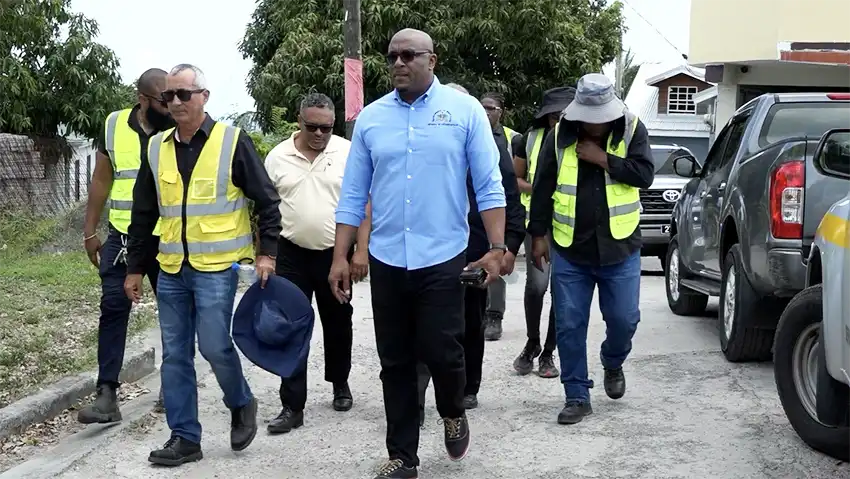 Infrastructure Minister Edward (center) with Choiseul Parliamentarian Keithson Charles and the team from Nationwide Construction Ltd in Chu Tigre, Choiseul.