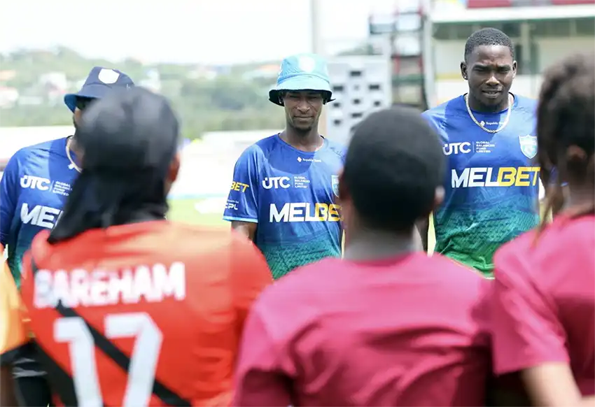Saint Lucia Kings players Johan Jeremiah, Darren Nedd and Amari Goodridge speak to young people in Saint Lucia