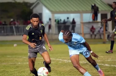 Soufriere takes on M Valley in SPFL action , at the FBLG [Photo credit : SPFL]