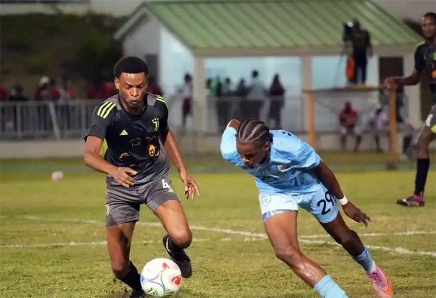 Soufriere takes on M Valley in SPFL action , at the FBLG [Photo credit : SPFL]