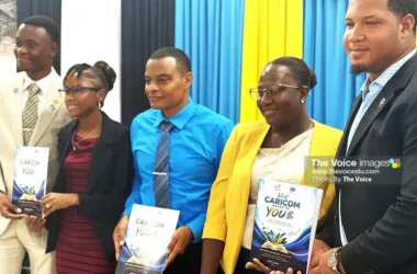 Left to right: Deputy CARICOM Youth Ambassadors for Saint Lucia Naeem Philbert and Davianne Alexander, Deputy Permanent Secretary in the Ministry of Youth Development and Sports Mr. Rohan Lubon, CARICOM Youth Ambassadors for Saint Lucia Shelly Desir and Alens Plante [Photo credit: The VOICE]