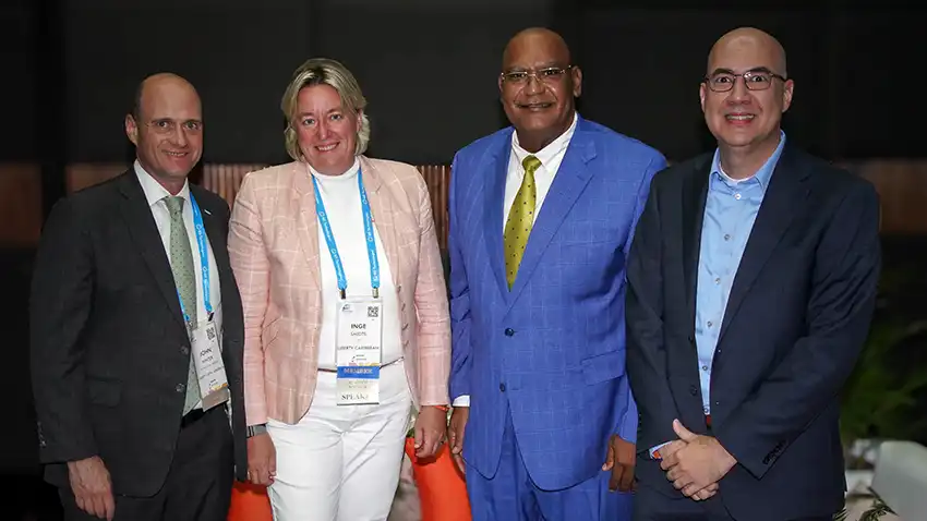 (From left) John Winter, Senior VP & Chief Legal Officer, Liberty Latin America; Inge Smidts, Chief Executive Officer, Liberty Caribbean; the Hon. Charles Cooper of Curacao, Minister of Traffic, Transportation and Urban Planning; and Waldo Hooker, VP, South Caribbean, Liberty Caribbean.