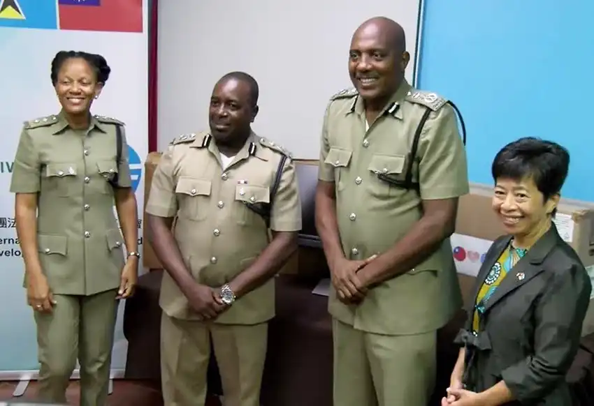 RSLPF receives equipment from Taiwanese Ambassador Nicole Su, alongside COP Verne Garde, ACP Elvis Thomas and Senior Officer …RSLPF