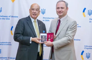 Presenting the decoration on behalf of President Zelensky, Ukraine’s Chargé d’affaires, Denys Sienik, described Sir Ronald as “an outstanding diplomat, a principled statesman, and a true friend of Ukraine”. (Photo credit: Sir Ronald Sanders)