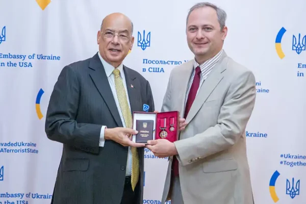 Presenting the decoration on behalf of President Zelensky, Ukraine’s Chargé d’affaires, Denys Sienik, described Sir Ronald as “an outstanding diplomat, a principled statesman, and a true friend of Ukraine”. (Photo credit: Sir Ronald Sanders)