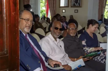 L-R: Giles Romulus, Cletus Springer Member of the GEF SGP UNDP National Steering Committee (NSC); Julius Polius Chairperson (GEF SGP UNDP NSC); Stephanie Ziebell – NDP Deputy Resident Representative (Barbados and the Easten Caribbean) [Photo – Contributed]