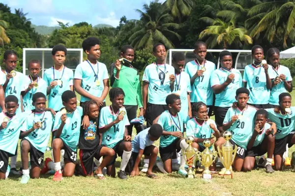 Mabouya Valley SLFA Inc. Primary Schools Boys Under-12 District League Champions with coaches (Photo credit: SLFA)