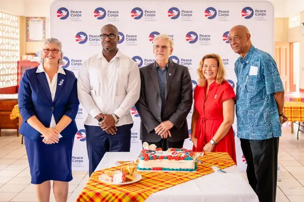 From Left: Peace Corps Country Director, Ms. Kimberly Will; Minister for Education, Youth Development, Sports, and Digital Transformation, Hon. Kenson Casimir; Peace Corps Chief of Staff, Mr. Richard Swarttz; Chargé d’Affaires at the U.S. Embassy to Barbados, the Eastern Caribbean and the OECS, Karin Sullivan; and Acting Governor General, His Excellency Felix Finisterre (Photo credit: U.S. Embassy Bridgetown)