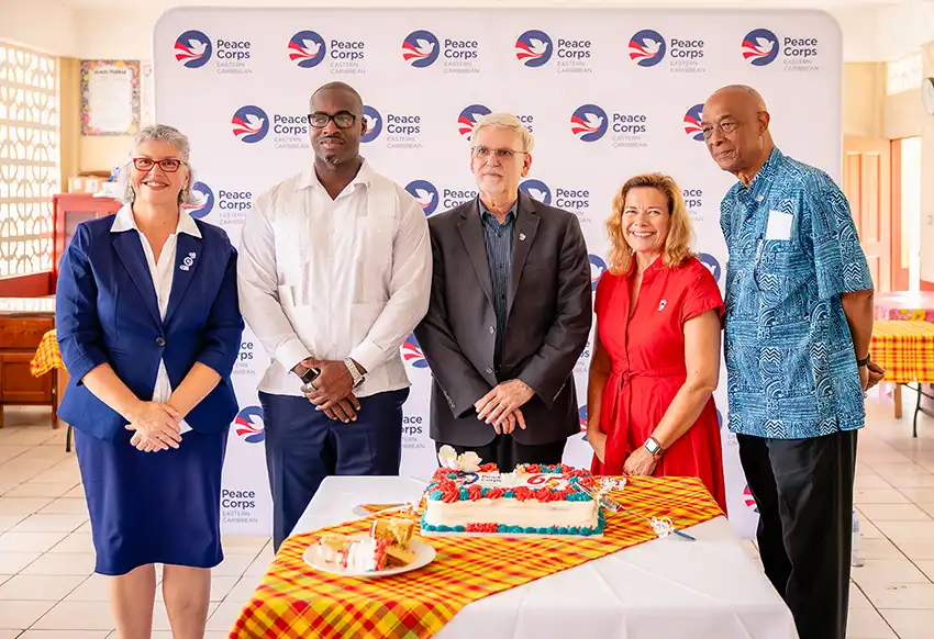 From Left: Peace Corps Country Director, Ms. Kimberly Will; Minister for Education, Youth Development, Sports, and Digital Transformation, Hon. Kenson Casimir; Peace Corps Chief of Staff, Mr. Richard Swarttz; Chargé d’Affaires at the U.S. Embassy to Barbados, the Eastern Caribbean and the OECS, Karin Sullivan; and Acting Governor General, His Excellency Felix Finisterre (Photo credit: U.S. Embassy Bridgetown)